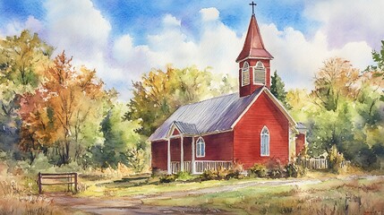 Wall Mural - Watercolor painting of a red church in a rural setting.