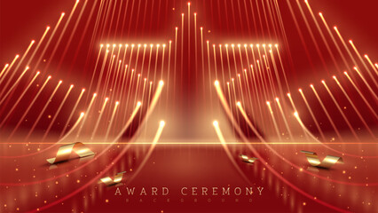 Luxury background with radiant lines forming a glowing star over a red stage with gold ribbon decorations. Ideas for award ceremonies and festive events.