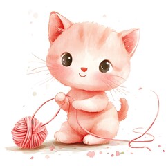 Canvas Print - Adorable Watercolor Kitten Playing with Pink Yarn Ball.