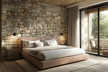 Wall Mural - interior design natural hotel bedroom with stacked stone wall, classic pink wooden bed and elegant wooden floor 