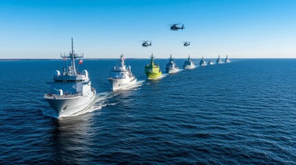 Military Naval Ships Patrolling Calm Sea