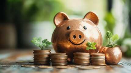 Piggy Bank with Coins and Plants