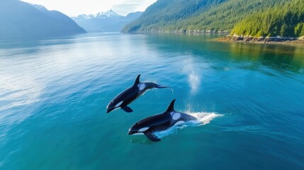 Wall Mural - Graceful Orcas Breaching in Serene Coastal Waters