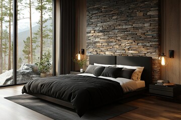 Wall Mural - interior design natural hotel bedroom with stacked stone wall, luxury classic black wooden bed and elegant wooden floor 