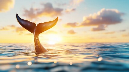 Wall Mural - Whales Tail Emerging from Water at Sunset