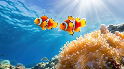 Wall Mural - Colorful Clownfish Swimming in Coral Reef Underwater