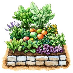 Wall Mural - Watercolor Illustration of a Raised Garden Bed with Various Vegetables and Flowers.