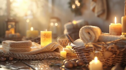 Spa composition with candles and towels on wooden table, closeup