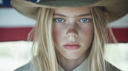 Patriotic Teen in Hat with American Flag Background