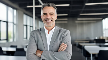 A photograph of an attractive, smiling middle-aged man in business casual attire standing with his arms crossed.