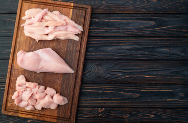 Raw chicken meat fillet ( breast ) Various of cutting in form slice and cube