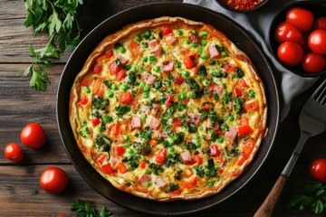 A colorful and delicious omelet in a pan. This photo is perfect for advertising healthy and flavorful breakfasts.