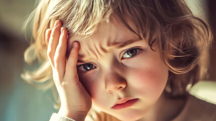 Portrait of child feeling sad and holding head