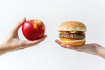 One hand is clutching an apple, the other a hamburger. Generative Ai