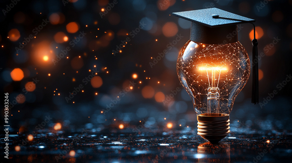 glowing light bulb topped with a graduation cap symbolizes the fusion ...