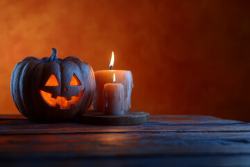 Wall Mural - Cozy Halloween Jack-o'-Lanterns with Candlelight on Rustic Wooden Table