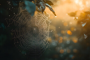 A closeup of a spider's dew-kissed web, sparkling like a net of jewels in the morning light