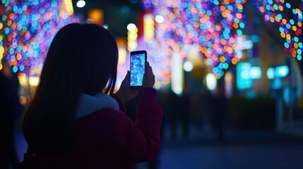 A person captures festive lights on their phone during a vibrant night in a decorated urban setting