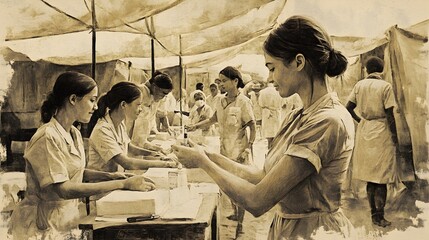 Vaccination in a relief camp, volunteer nurse with a syringe, pencil sketch, realistic shading, sepia tones, warm and compassionate setting