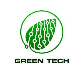 Fototapete - Green tech icon, smart digital farm and eco green energy technology. Vector symbol of leaf for eco-friendly smart farming service, sustainable agriculture, clean energy, and innovative tech branding