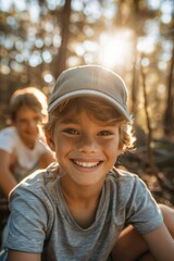 Canvas Print - A boy smiles brightly in the woods. AI.