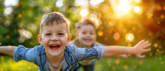 Poster - A little boy smiles and laughs while playing outdoors. AI.