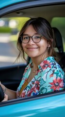 Canvas Print - A woman smiles from the driver's seat of a car. AI.