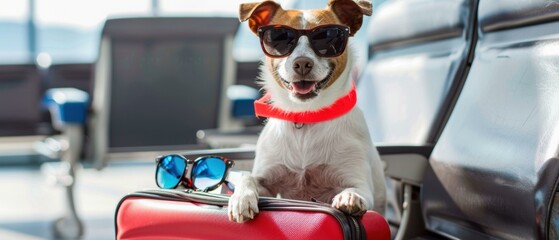 Poster - A dog in sunglasses sits on a suitcase. AI.