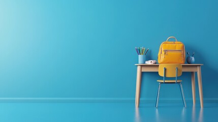 Poster - Yellow Backpack on a Blue Desk