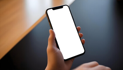 Cell phone white screen mockup, Woman hand holding mobile phone with blank screen while working at coffee shop. Business woman using smartphone, mockup for social media marketing	