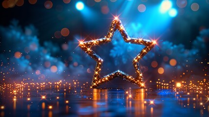 Wall Mural - elegant 3d star display stand with sparkling decoration and bright blue spotlights. ideal for award 