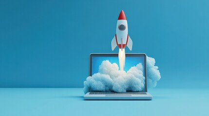 Sticker - Rocket coming out of laptop screen, blue background. AI digital illustration