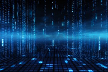 Blue digital code cascading down dark background. Suitable for technology, cybersecurity, data encryption, programming concepts in digital design projects. Generative AI