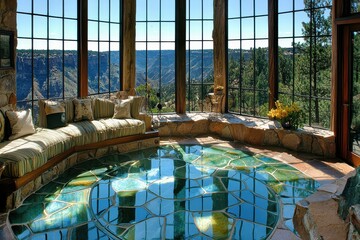 Cozy indoor swimming pool with scenic mountain view