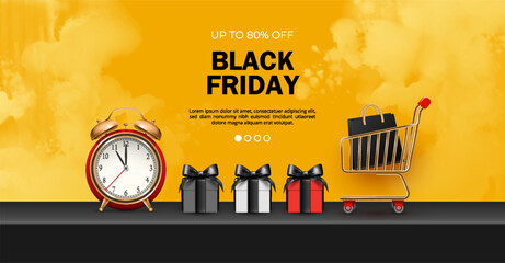 Sticker - Abstract background of Black Friday sales with watercolor drawing, golden shopping cart, gifts and alarm clock on black podium