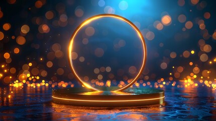 Wall Mural - empty podium golden on blue background with light neon effects with bokeh decorations. luxury scene 