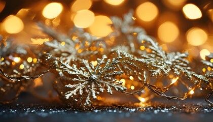 Shimmering golden Christmas tinsel intertwined with glowing bokeh lights, ideal for festive backgrounds and holiday decorations