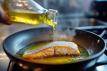 A cooking oil pour into a frying pan cooking a dish