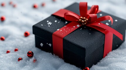 A beautifully wrapped black gift box with a red ribbon, surrounded by snow and ornaments, perfect for holiday celebrations.