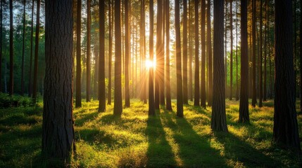  Sunlight shines brightly through the trees, creating a magical atmosphere in the pine forest.