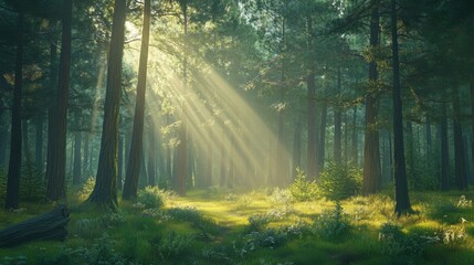 Wall Mural - Sunlight shines brightly through the trees, creating a magical atmosphere in the pine forest.