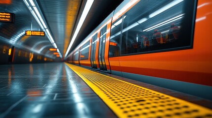 A modern subway train waits at a platform, with passengers visible inside the windows.