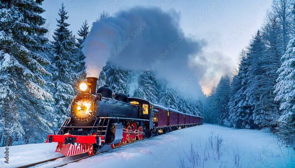 A charming Christmas train traveling through a snowy forest, adorned ...