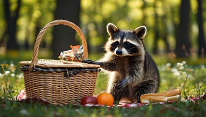 Wall Mural - Playful Raccoon Stealing Snacks from a Picnic Basket in a Bright and Cheerful Park