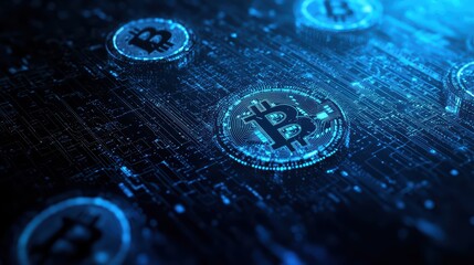 Digital representation of Bitcoin on a futuristic blue circuit background.