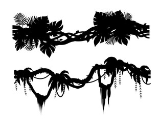Wall Mural - tropical jungle forest seamless liana branch silhouettes of ivy creeper plant vine, cartoon vector. 