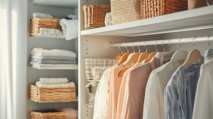 Modern walk-in closet with wooden shelves and drawers, hanging clothes