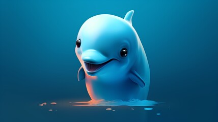 Funny cartoon dolphin in blue water. 3D rendering illustration.