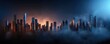 © Thi - A panoramic view of a city skyline at dusk, shrouded in mist, showcasing illuminated skyscrapers against a dark blue and orange horizon.