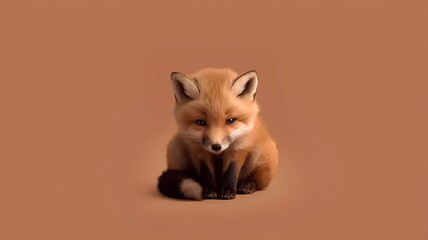 Cute red fox sitting on brown background with copy space, front view